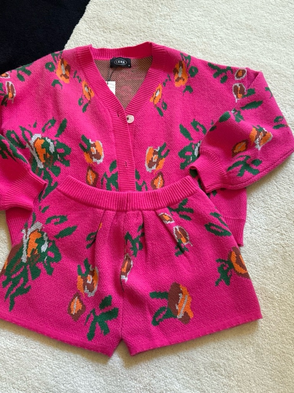 Cider Hot Pink Floral Knit Cardigan & Shorts Set